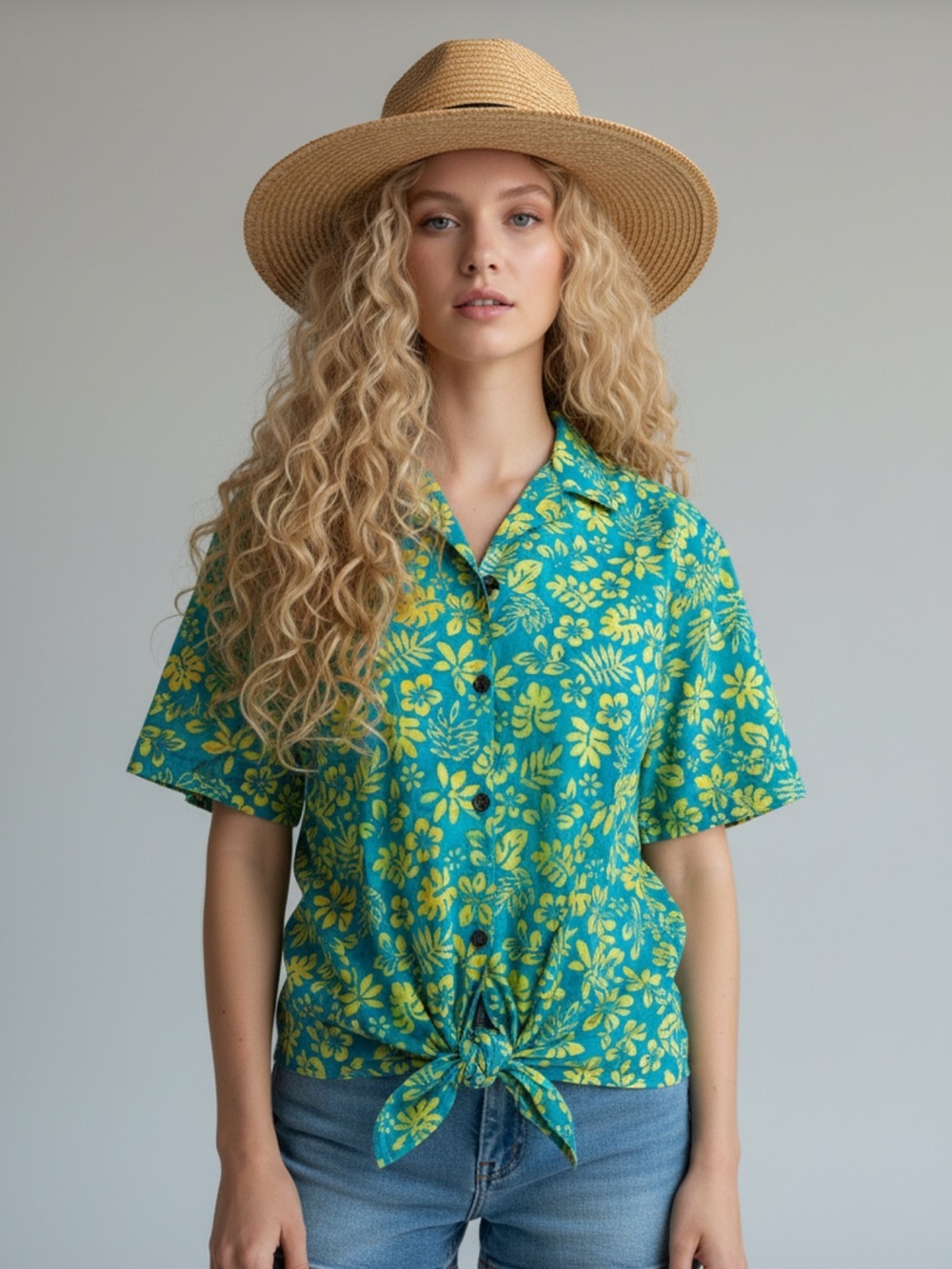 PETE HUNTINGTON BALI handcrafted Hawaiian Blue and Yellow Floral 👚 shirt